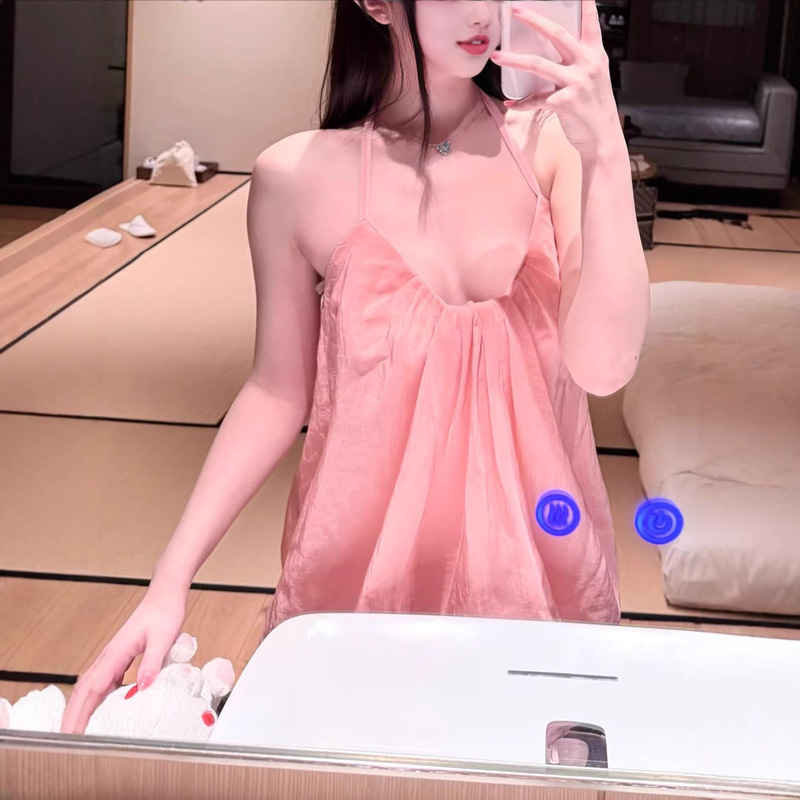 Lilyq【Peach Blossom】Delicate Peach Pink Dress with 62% Acetate, Halter Neck Tie, Short Dress