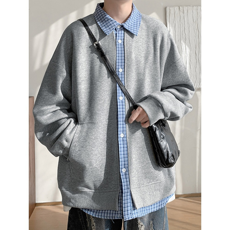 American-Style Trendy Brand Fake Two-Piece Cardigan Sweatshirt for Men, Spring and Autumn Loose Casual Plaid Patchwork Turn-Down Collar Top Jacket American-Style Trendy Brand Fake Two-Piece Cardigan Sweatshirt for Men, Spring and Autumn Loose Casual Plaid Patchwork Turn-Down Collar Top Jacket