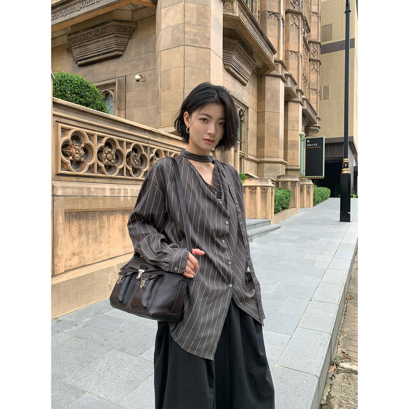 COMOS CMS 2025早秋新款荡领飘带条纹气质宽松高级感衬衫女255012|undefined