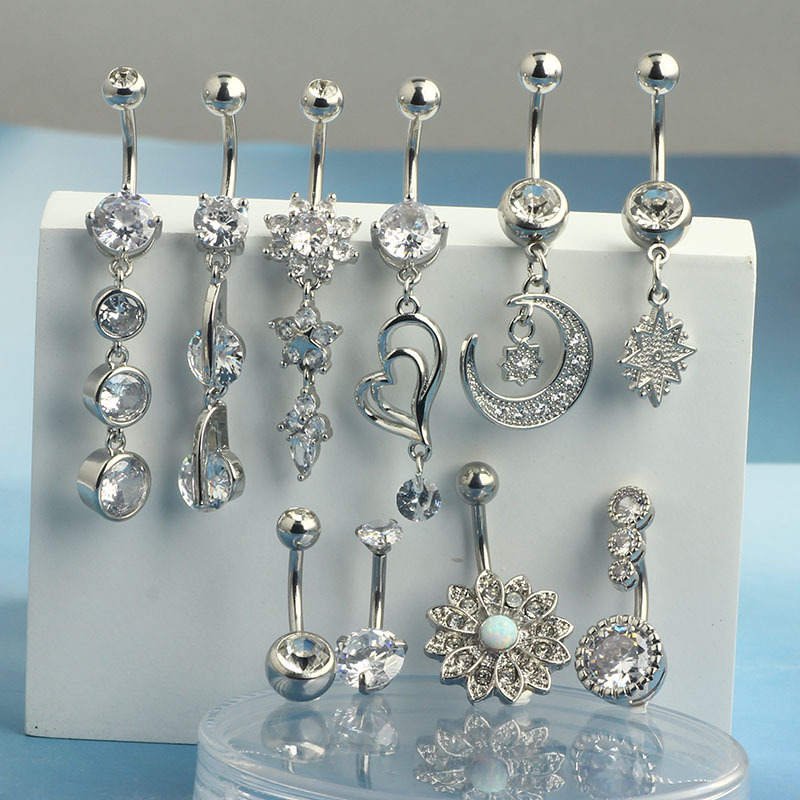 Amazon Hot Sale Love Moon Cubic Zirconia Navel Ring Stainless Steel Belly Button Jewelry 10-Piece Set detail image 7