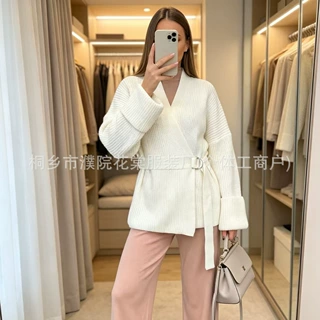 亚马逊跨境系带针织开衫秋冬新款女上衣欧美风显瘦简约百搭毛衣