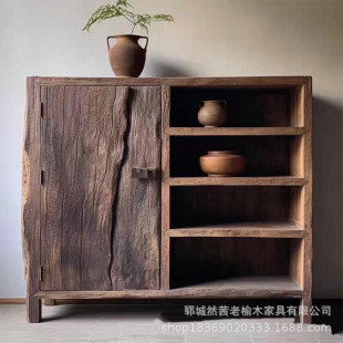 New Chinese Style Old Elm Wood Sideboard Household Removable Tea Cabinet Solid Wood Old Bowl Chopsticks Tableware Storage Cabinet Side Cabinet