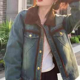 冬季小香风法式复古牛仔羊羔毛外套女设计感小众加绒加厚棉衣棉服