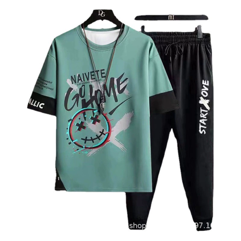 Молодежные спортивные брюки, комплект из двух предметов, летний повседневный костюм для студентов, мужская Тонкая модная футболка с короткими рукавами