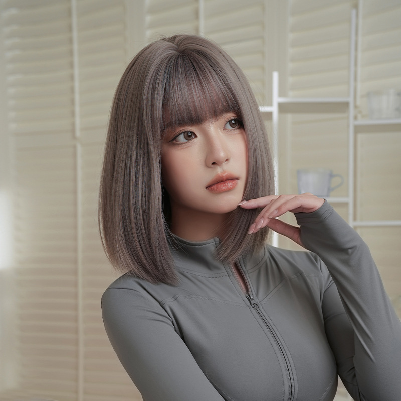 2025 Cross-Border New Wig Short Straight Hair Gray Purple Full Headband Internet Celebrity Daily Pullover Wig Wholesale