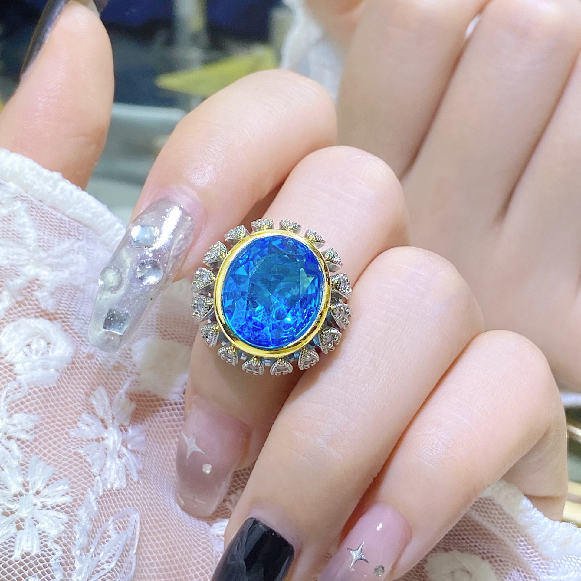 意大利织纹雕金拉丝工艺海蓝宝戒指气质高级感镶钻轻奢中古珠宝女