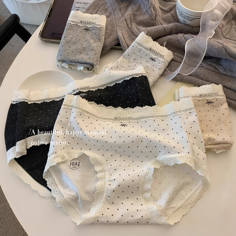 10A Antibacterial French Polka Dot Lace Underwear Women's Pure Cotton Antibacterial Crotch Mid-Waist Breathable Cotton Women's Briefs