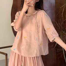 2026夏季新中式葫芦刺绣袖禅意苎麻小衫盘扣上衣女士茶服T恤衫
