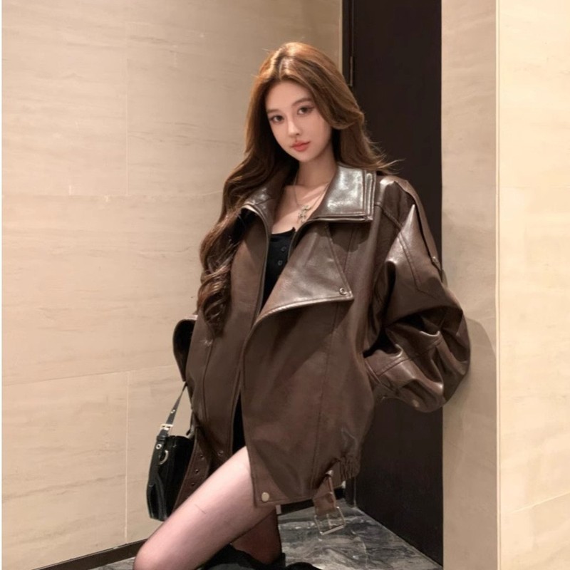 黑色pu皮衣外套女秋季美式复古高级感宽松拉链立领机车服夹克上衣|undefined