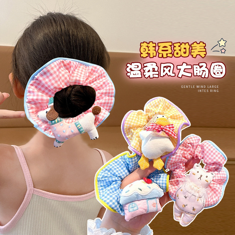 2025 新しい女の子漫画子犬大腸リング女の赤ちゃんかわいいチェック柄ヘアリング女の子多用途ボールヘアアクセサリー|undefined