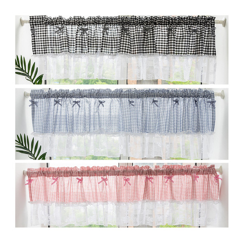 Foreign trade Nordic minimalist kitchen coffee curtain finished rod small curtain fresh grid lace half curtain cross-border