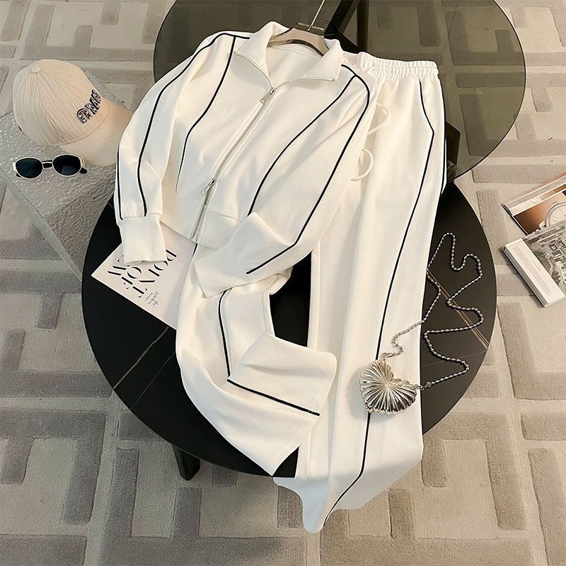 Autumn Street Sports Suit for Women, Fashionable, Casual, Age-Reducing, Stylish Zipper Sweatshirt, Wide-Leg Pants Two-Piece Set, White