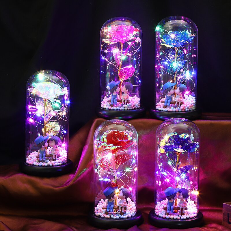 Cross-border sourced gold foil roses with glass cover, simulation of colorful gold flowers, gifts for Qixi Festival and Valentine's Day, decorative and ornamental pieces