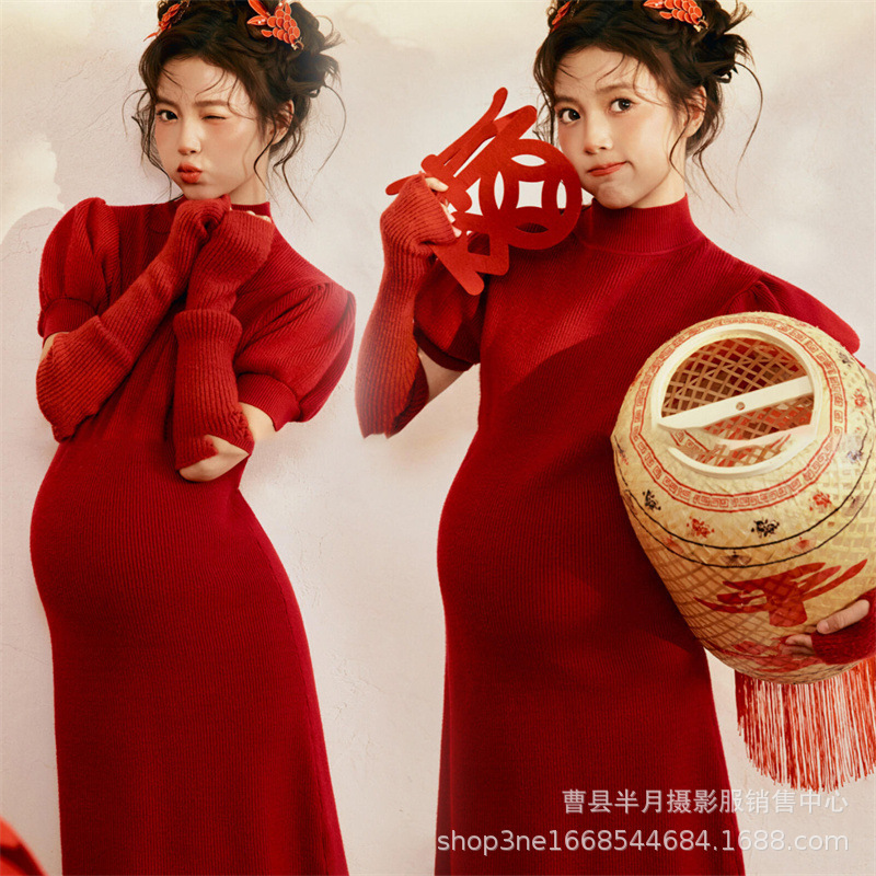 Photo Studio New Year's Maternity Photo Clothing Christmas Red Knitted Dress Pregnant Mom Indoor Belly Photo Shoot Outfit