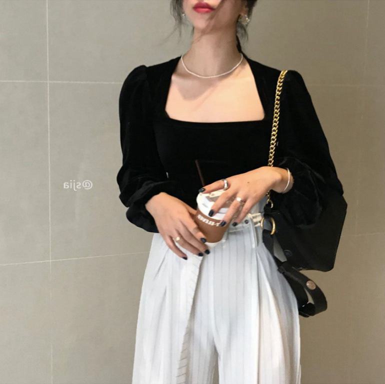 Good Quality French Style Collarbone Tight Waist Black Square Collar Bubble Sleeve Velvet Shirt Women Court Style Long Sleeve Top