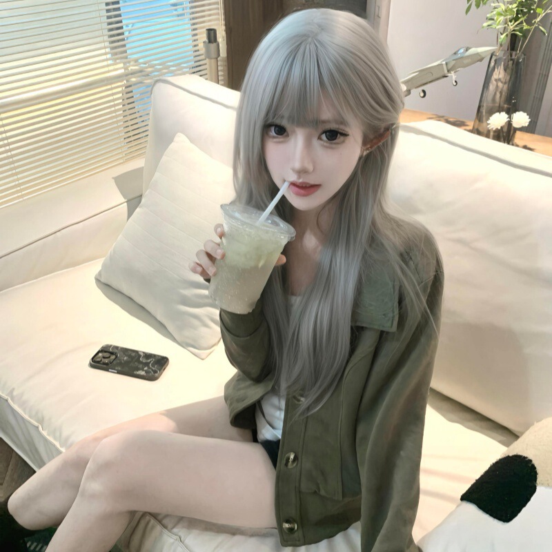 Cheng Ming Wig Female Long Hair Lolita Sweet Long Straight Hair Silver Gray Air Bangs Daily Fluffy Jk Full Headgear Cheng Ming Wig Female Long Hair Lolita Sweet Long Straight Hair Silver Gray Air Bangs Daily Fluffy Jk Full Headgear