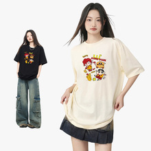 纯棉印花t恤女夏季新款设计感小众美式短袖圆领宽松休闲情侣上衣