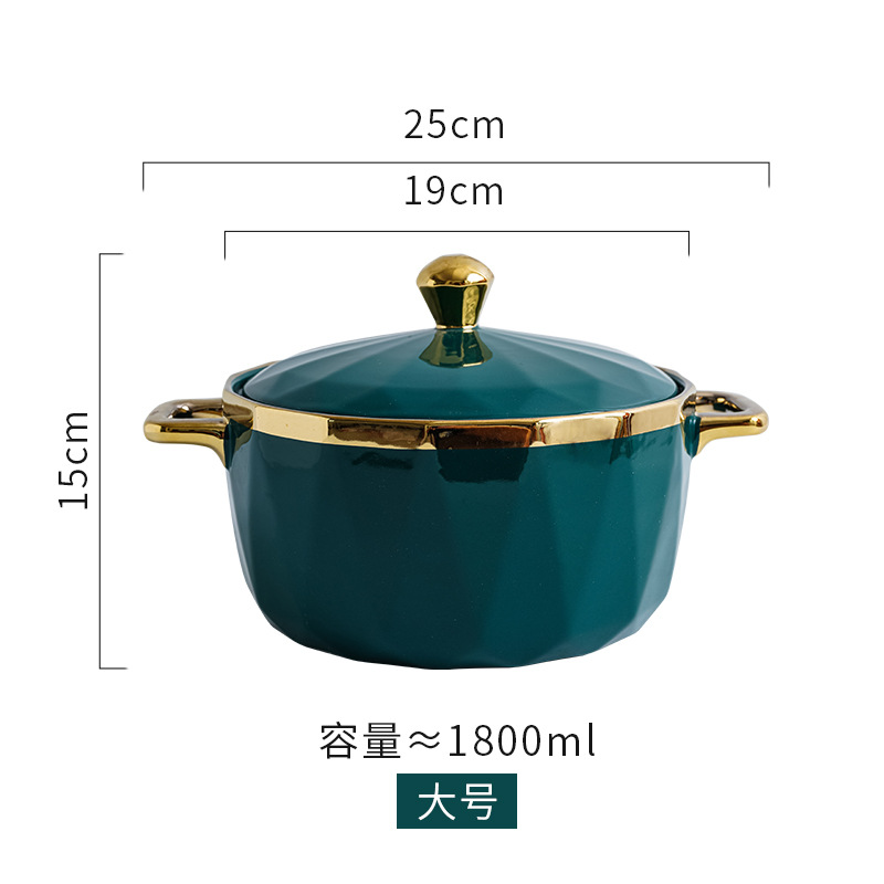 Luz de lujo Esmeralda borde dorado hogar tazón de sopa de cerámica personalidad creativa instantánea fideos tazón con tapa Internet celebridad vajilla doble oído tazón