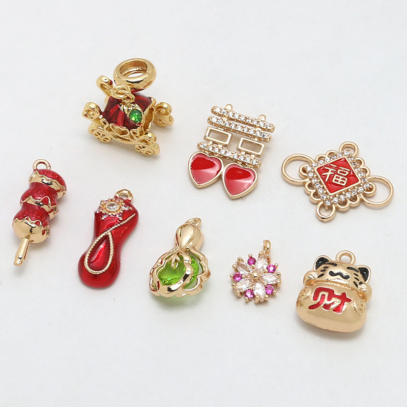 Festive red lucky cat Lucky carriage candied haws snowflake copper pendant diy handmade jewelry pendant material