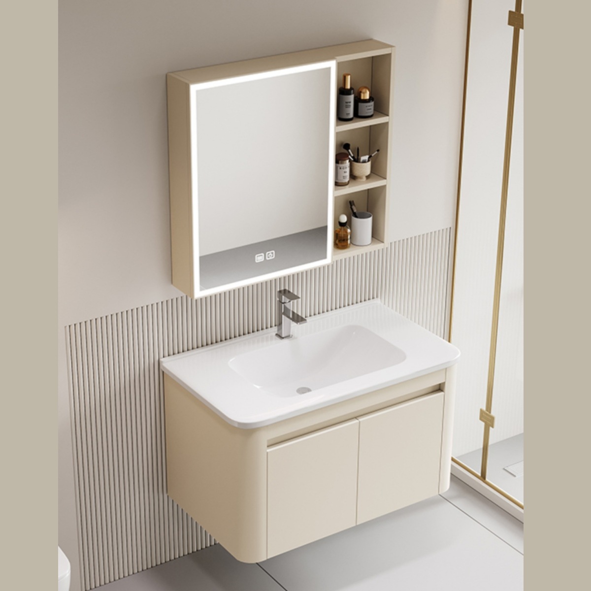 Baño de aire de crema espacio de aluminio panal de baño gabinete conjunto de esquina redondeada cerámica lavabo gabinete de espejo de belleza inteligente