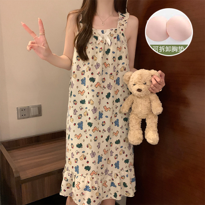 Pijama de mujer de verano dulce chaleco de cinturón de pecho tejido de algodón espuma tela arrugada pijama de mujer de verano vestido lindo