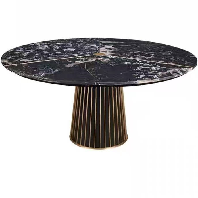 Italian-Style High-End Black Rose Luxury Stone Round Dining Table and Chairs, Light Luxury Villa Large Flat Floor Living and Dining Room Round Dining Table