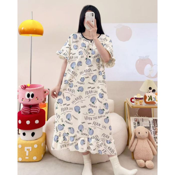 Camisón transfronterizo verano nuevo estilo femenino falda larga de manga corta dulce y linda nube de algodón estilo simple pijama de cuello redondo se puede usar afuera