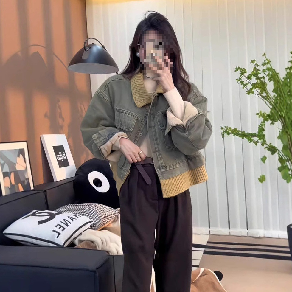 미국 레트로 게으른 스타일 명암 옷깃 데님 코트 여성 가을 겨울 기모 새로운 캐주얼 기모 직접 판매