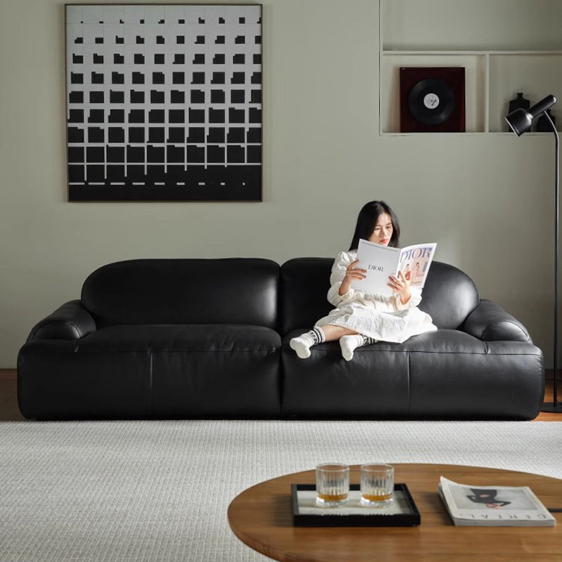 Sofá de cuero vintage italiano minimalista sofá de sala de estar de cuero diseñador de estilo medieval negro sofá recto