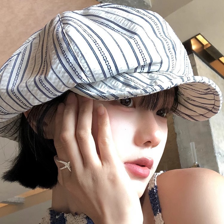 レトロストライププリーツベレー帽女性の春と夏のニッチ不規則な大きな頭囲顔を小さくする日焼け止め画家の帽子|undefined