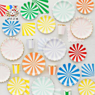 European and American New Bronzing Disc Striped Paper Plate suit High-grade Disposable Tableware Paper Cup Afternoon Tea Cake Plate