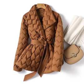 跨境冬季气质水波纹绗缝轻薄羽绒棉服翻领腰带收腰中长优雅风棉衣