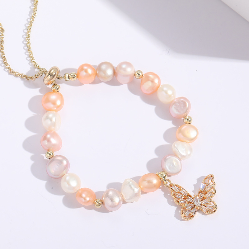 Baroque Style Pearl Zircon Butterfly Copper 14k Gold-plated Adjustable Bracelet display picture 2