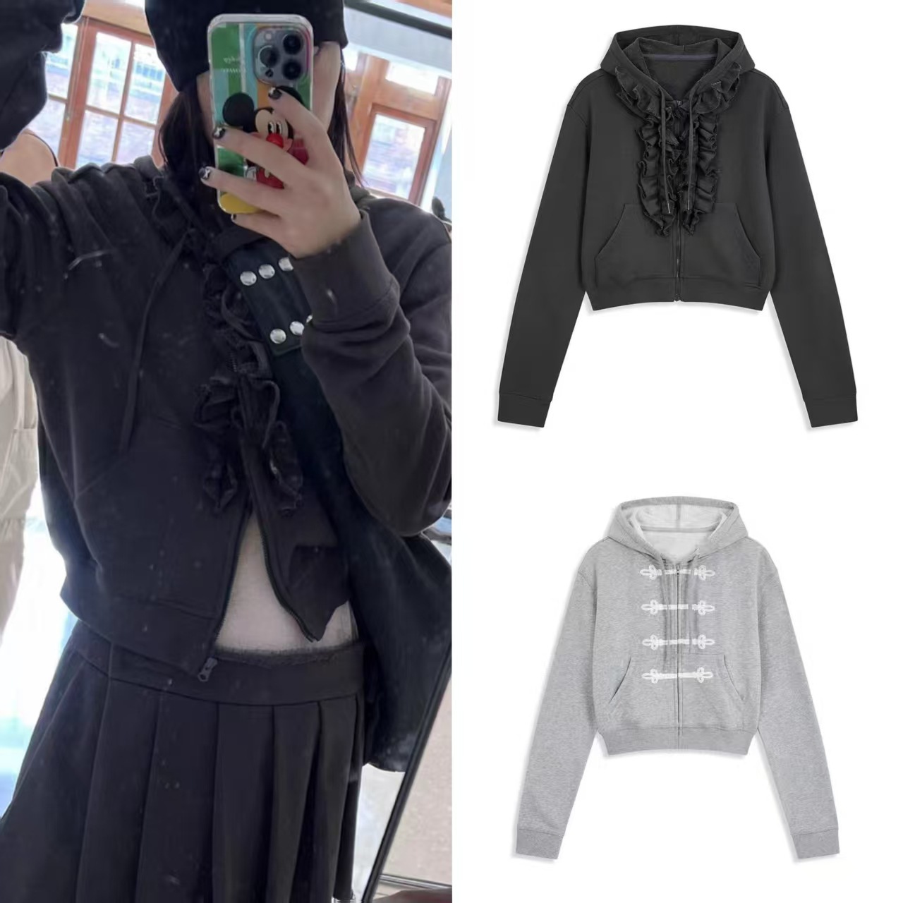 Korean Niche Pleated Ruffled Three-Dimensional Buckle Zipper Hooded Drawstring Sweatshirt Jacket Cardigan Top Women's Short Style