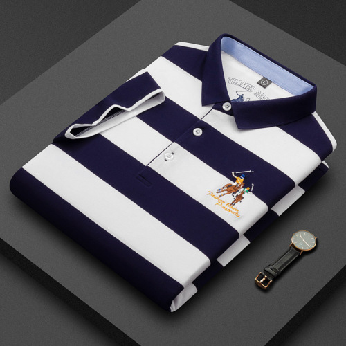 Shengli Fa 2025 Summer New Arrival Mid-Aged Men's Pure Cotton Short-Sleeved T-Shirt, Slim-Fit Business Collar Striped Base Layer Shirt