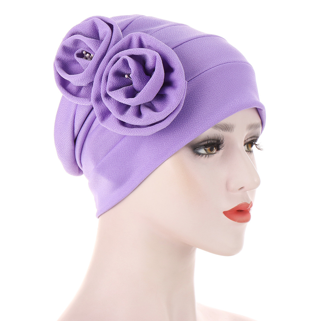 Turban désordonné de nouveau style avec deux fleurs sur le côté et chapeau de turban à noyau de fleur chapeau de pull musulman_voghion.com