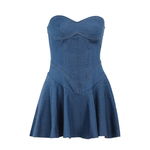 Eurasian Cross-border Spring and Summer New Style Elegant Bodycon A-line Skirt Fashion Sexy Bustier Denim-like Dress for Women