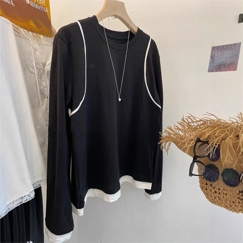 Korean Fashion Shoulder Contrast Color Line Design Sense All-match T-shirt Women's Base Shirt Autumn Loose Slim Top