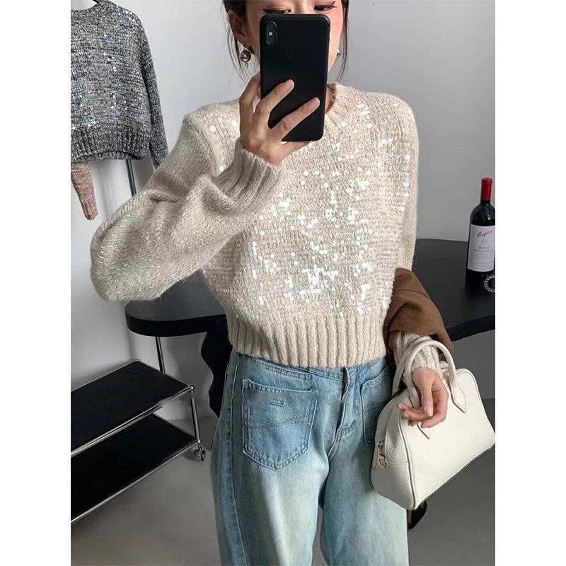 French-Style Sequin Knit Sweater Top for Women, New Autumn and Winter Lazy Style Pullover Round Neck, Heavy Craftsmanship, Super Pretty Short Sweater