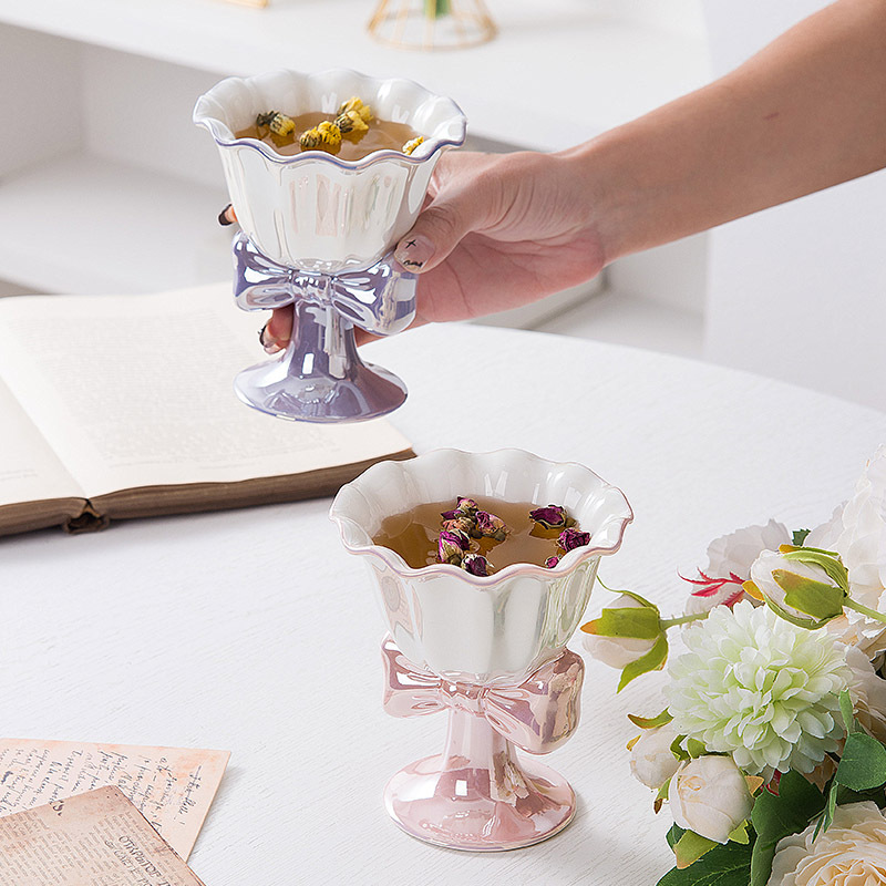 Bowknot Ice Cream Ceramic Cup, Cute and Aesthetically Pleasing Tall Dessert Cup, Souvenir Ceramic Mug for Girls
