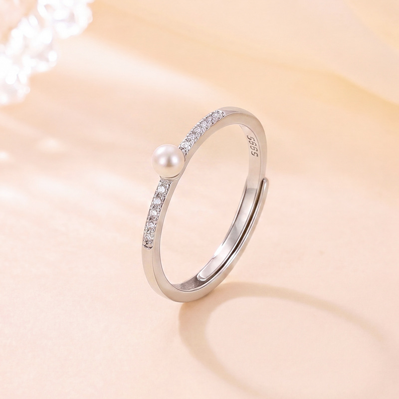 Nhẫn bạc S925 mạ vàng đính ngọc trai nước ngọt tự nhiên kiểu hở mũi đơn giản thời trang — Bạc