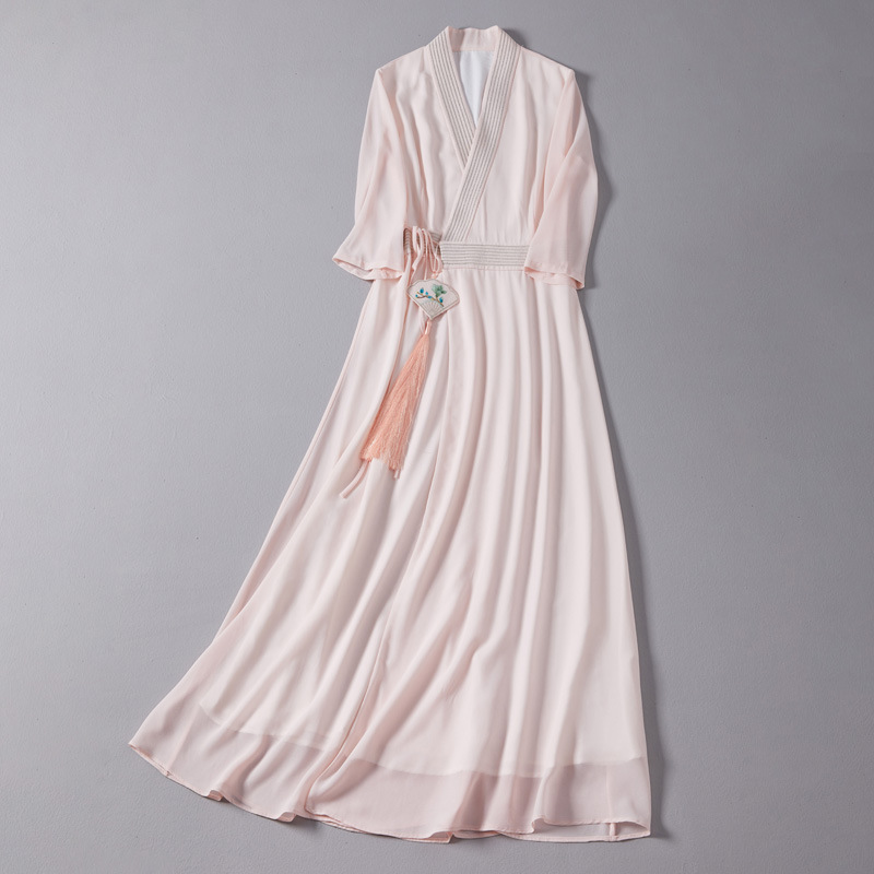 Chan Cha Fu 2022 Spring and Summer Chinese Style Vintage Women's Dress Chinese Elements Embroidered Strap Pearl Yarn Modified Dress