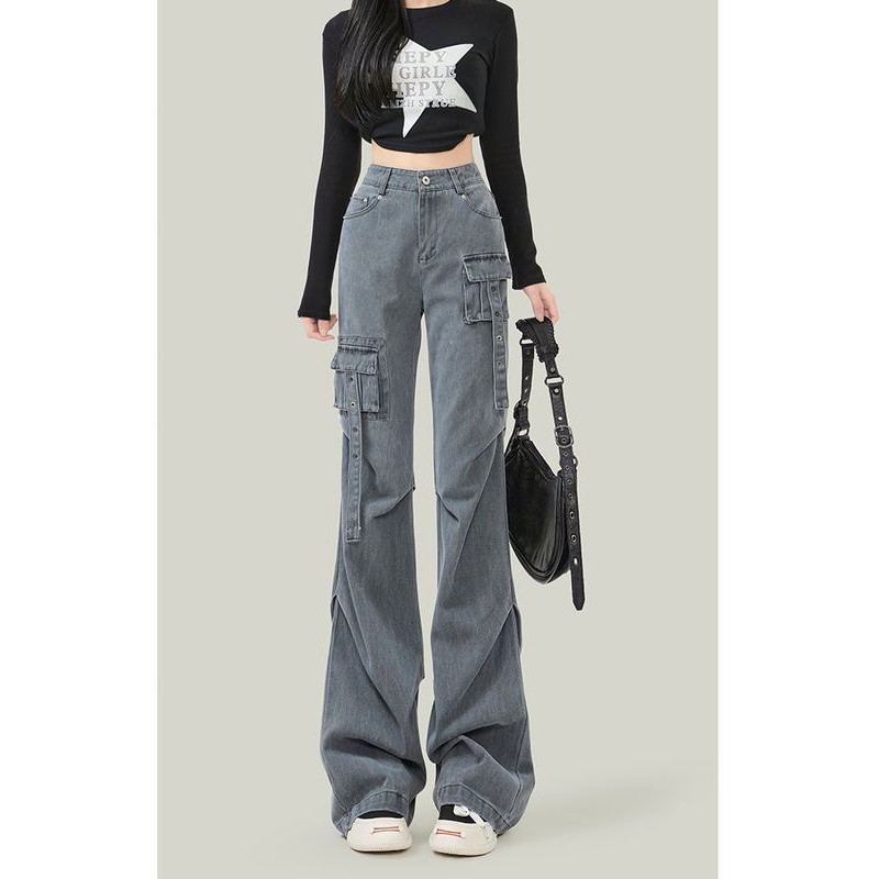 美式灰色微喇牛仔工装裤女2024年春季新款设计感褶皱显瘦喇叭长裤