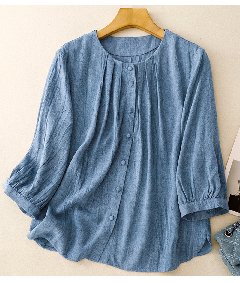 Women's Solid Color Button Down Cardigan Shirt Heavy Duty Cotton Linen Round Neck Three Quarter Sleeves Loose Fit Artistic Versatile Breathable Top_ecoleips.com