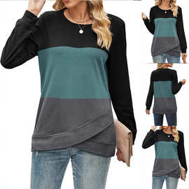 跨境欧美外贸女装新款亚马逊独立秋冬女式长袖圆领拼色交叉卫衣女