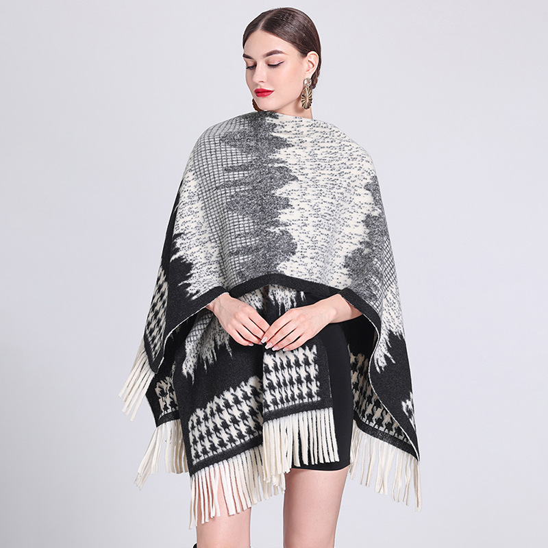 Shawl cape Lady's plaid cardigan with fringe plaid cape scarf woolen coat_voghion.com