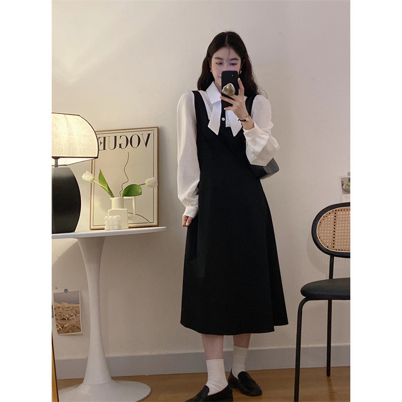 大きいサイズの偽の2つのフランスのpoloワンピースの女性の秋の新型の太ったmmのナシの形の体つきは腰を収めて明らかにやせている黒色のスカートを現します。|undefined