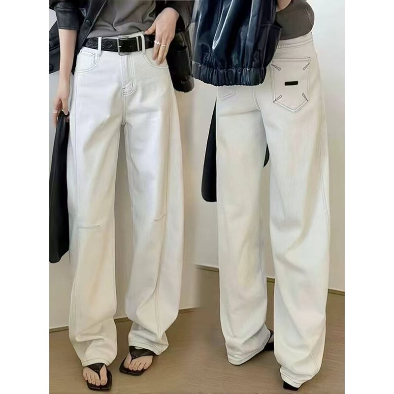European Hot-Selling Jeans for Women, Early Autumn New Style, Old Money Gray-White Trendy Straight Loose Slimming Long Pants