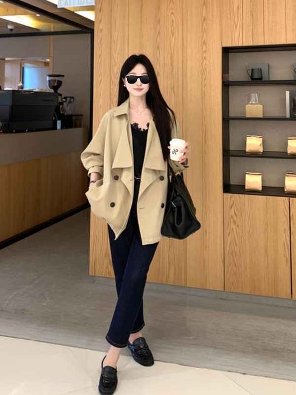 夏诗文 撞色翻领上衣女秋廓形可调节扣袢中长款风衣外套|undefined