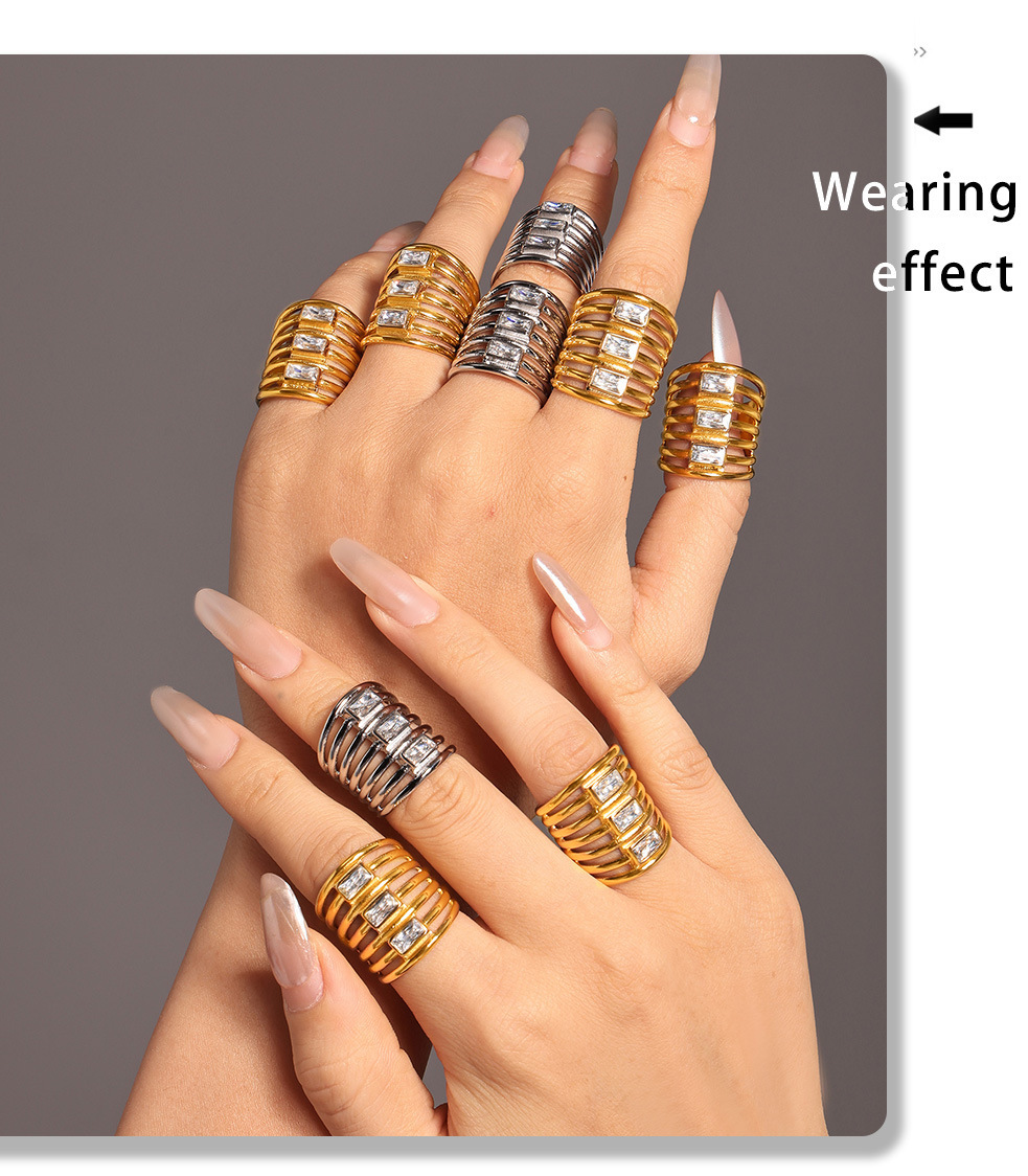 Square Sugar Multi Layer Square Zircon Exaggerated Ring Women's Fashion Hollow Out Versatile Stainless Steel Non Fading Finger Ring_voghion.com